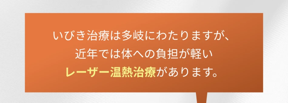 いびき治療は多岐にわたりますが、
					近年では体への負担が軽い
					レーザー温熱治療が注⽬されています。