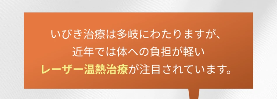いびき治療は多岐にわたりますが、
					近年では体への負担が軽い
					レーザー温熱治療が注⽬されています。