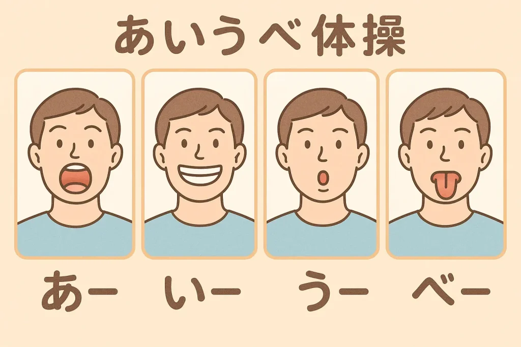 あいうべ体操のイラスト。「あー・いー・うー・べー」と大きく口を動かす。