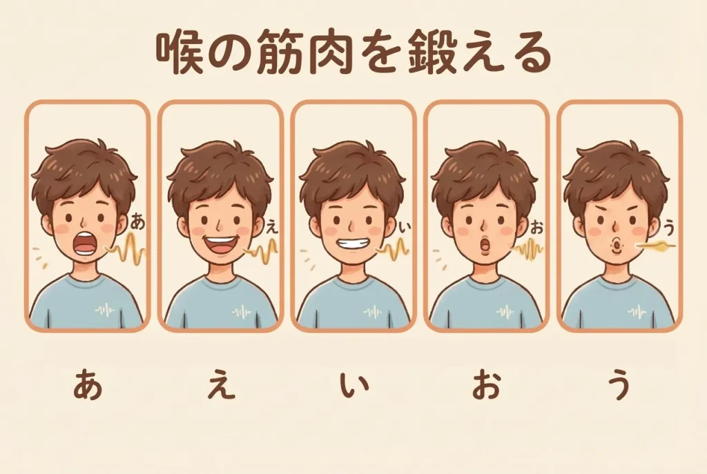 喉の筋肉を鍛える発声練習のイラスト。「あ・え・い・お・う」を大きな声で発声。