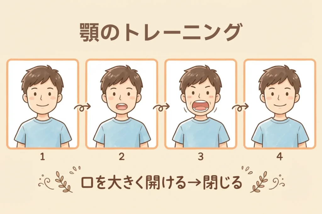 顎の筋肉トレーニングのイラスト。口を大きく開ける→閉じるを繰り返す。