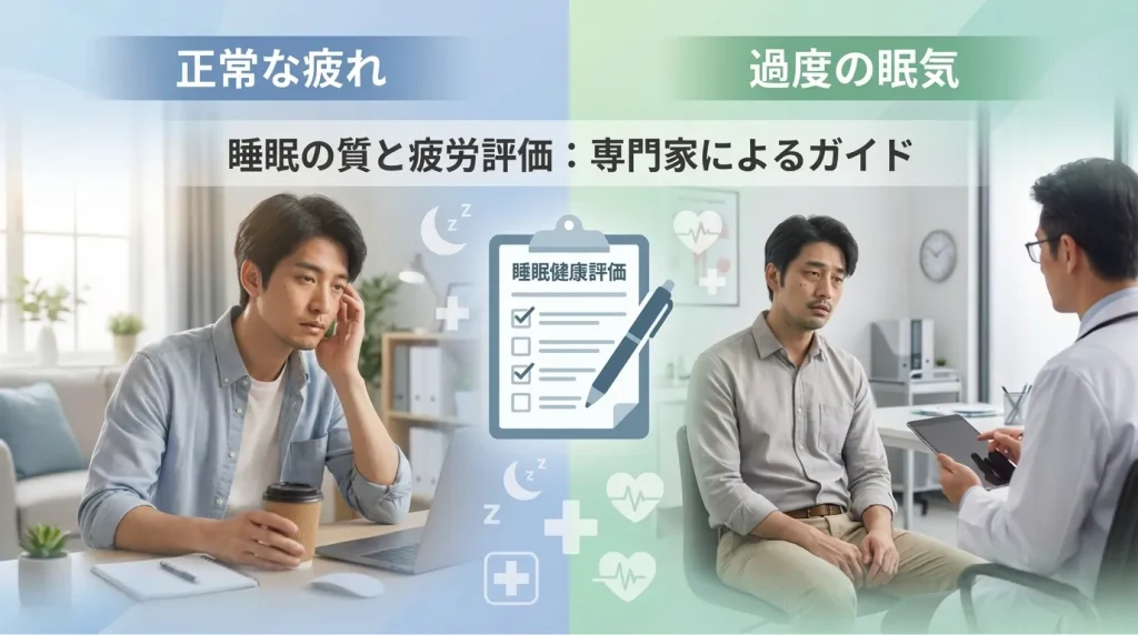 正常な疲れと過度の眠気の違いを比較し、受診目安を確認するセルフチェック画像
