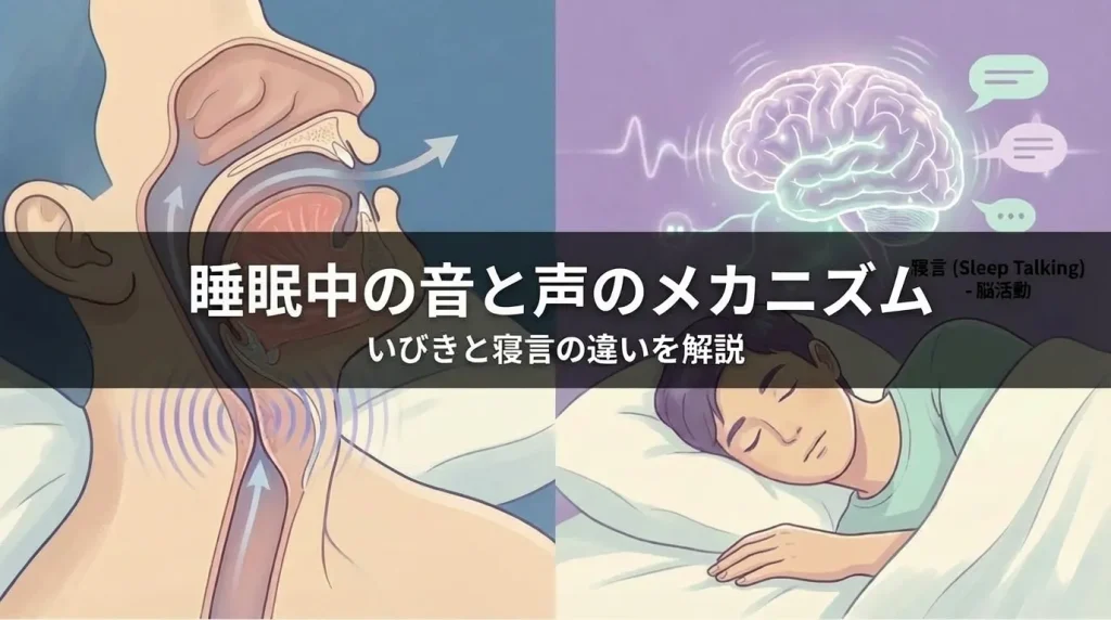 いびきの気道振動と寝言の脳活動の違いを、睡眠中のメカニズムとして示したイメージ画像