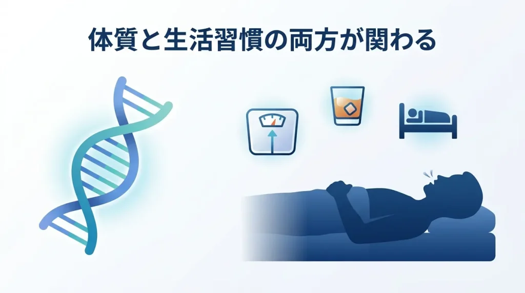 DNA・体重計・飲酒・睡眠のアイコンで、いびきと遺伝・体質・生活習慣の関係を示す図