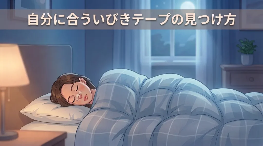 いびきテープを付けて眠る女性と、自分に合うテープの見つけ方を示すイメージ
