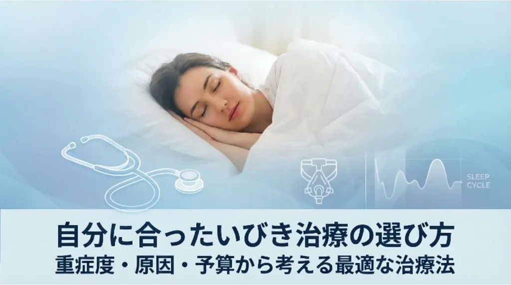 重症度や原因、予算をもとに自分に合ったいびき治療の選び方を解説するイメージ画像
