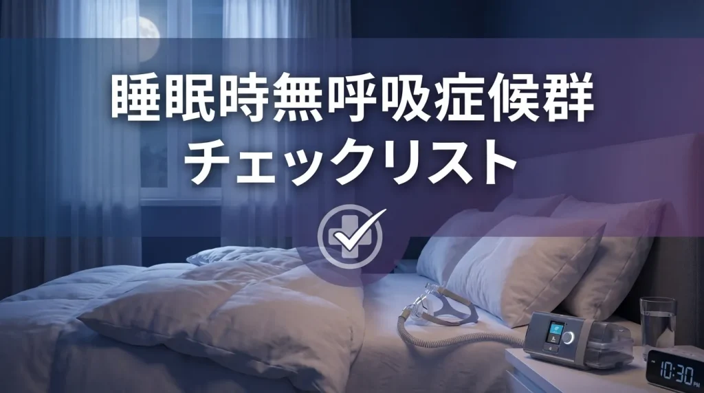 夜の寝室でベッドとCPAP機器が置かれ、睡眠時無呼吸症候群のセルフチェックをイメージした見出し画像