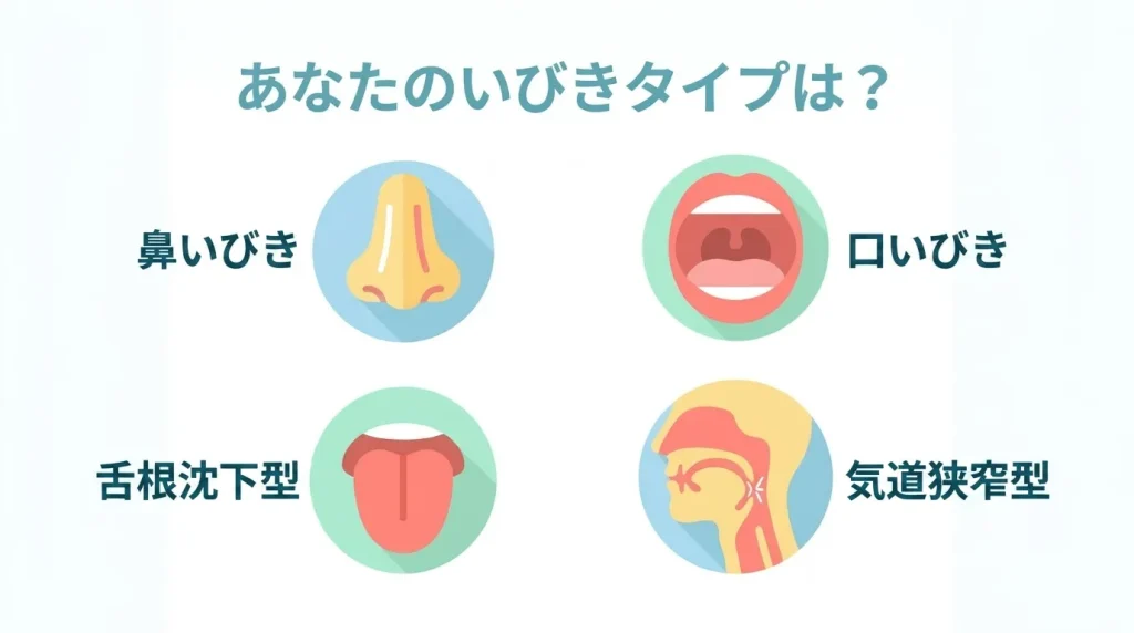 鼻いびき・口いびき・舌根沈下型・気道狭窄型など、いびきタイプ別に効果が出やすい対策を確認する早見表