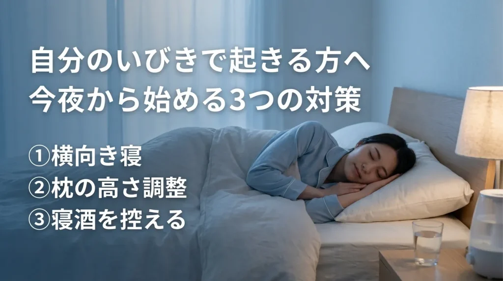 自分のいびきで起きる人向けに横向き寝や枕調整など3つの対策を示した画像