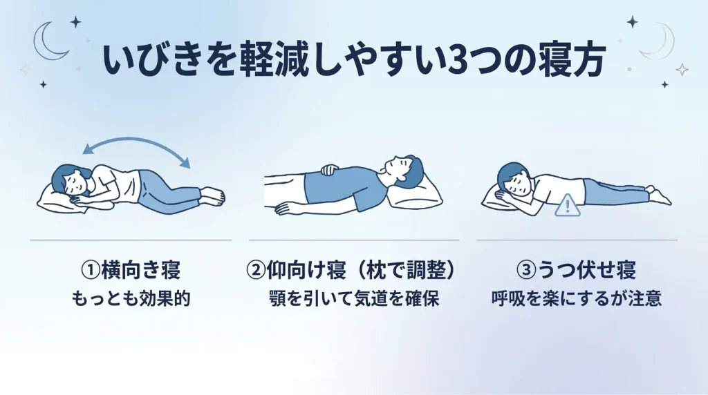 いびきを軽減しやすい3つの寝方として、横向き寝・仰向け寝・うつ伏せ寝を比較しているイラスト