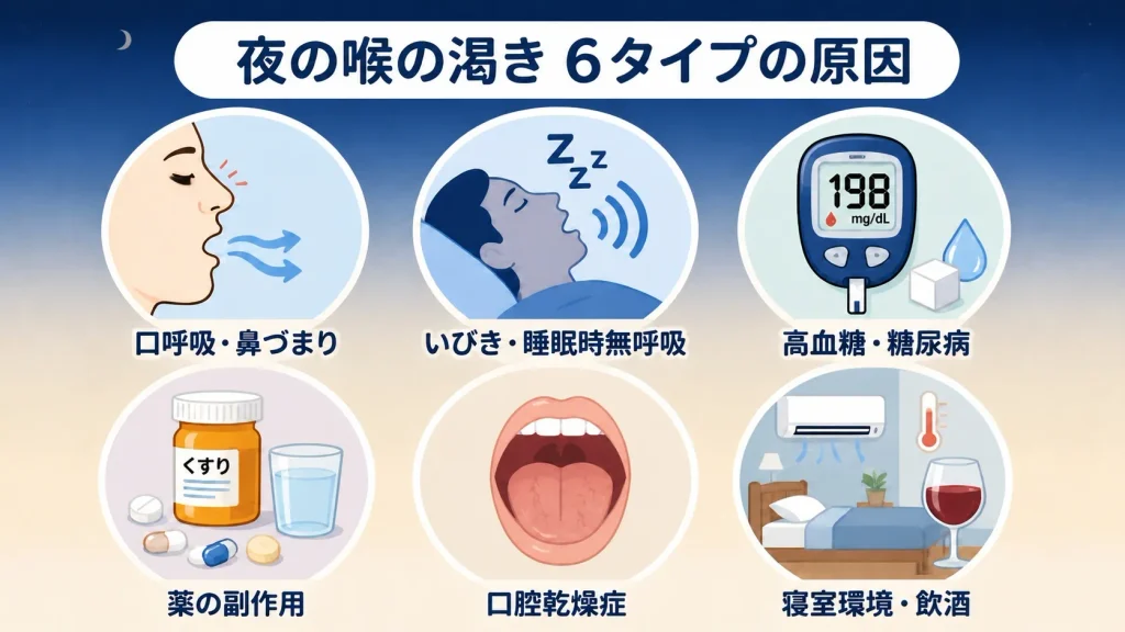 夜に喉が渇く主な原因6タイプを、口呼吸・いびき・高血糖・薬の副作用・口腔乾燥症・寝室環境で解説