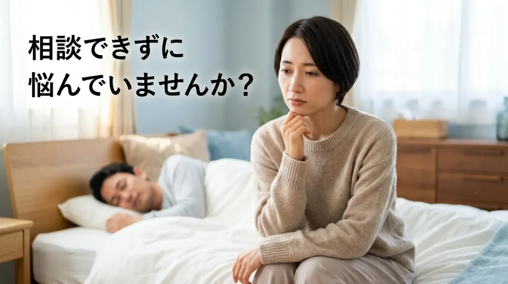 寝室でパートナーの横に座り、女性の鼻いびきについて相談できず悩む女性