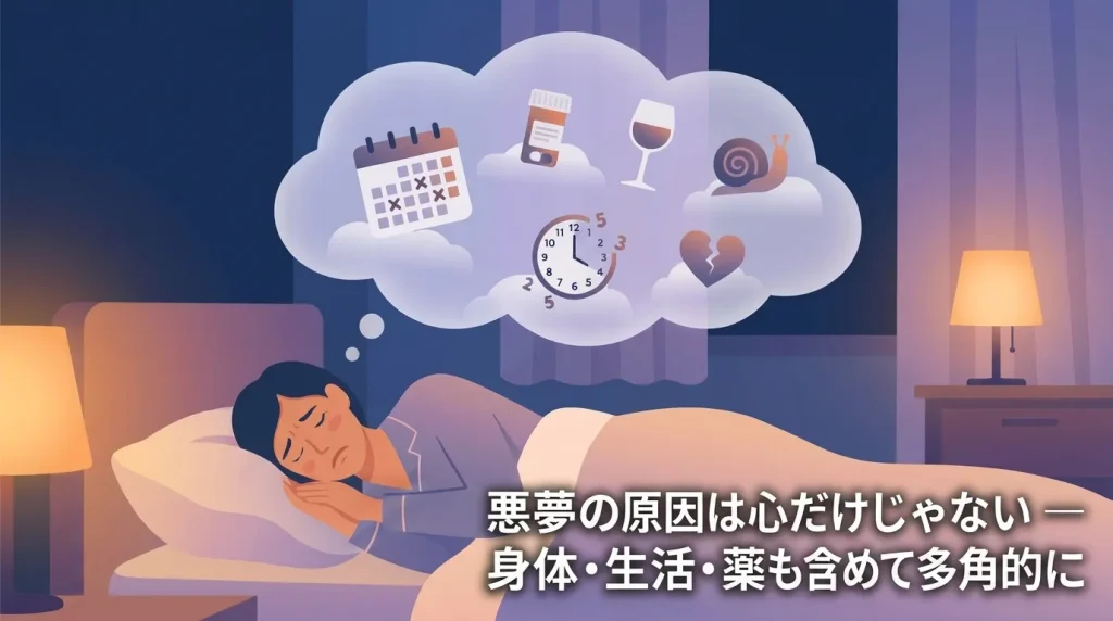 悪夢の原因となる心身の状態や生活習慣、薬の影響を示したイラスト
