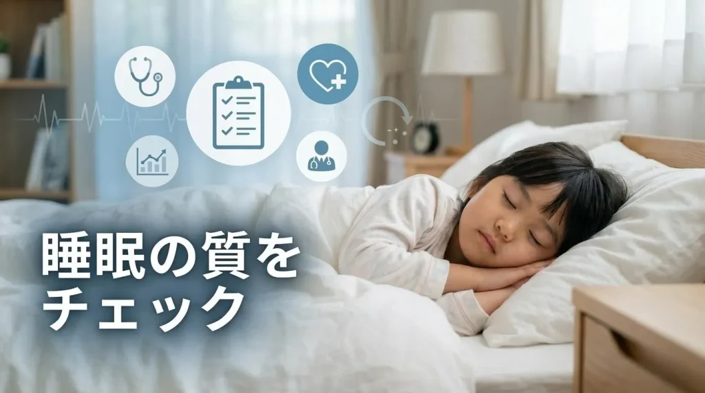 眠っている子供と医療チェックのアイコンで、子供のいびきの受診目安や何科に行くべきかを解説する画像