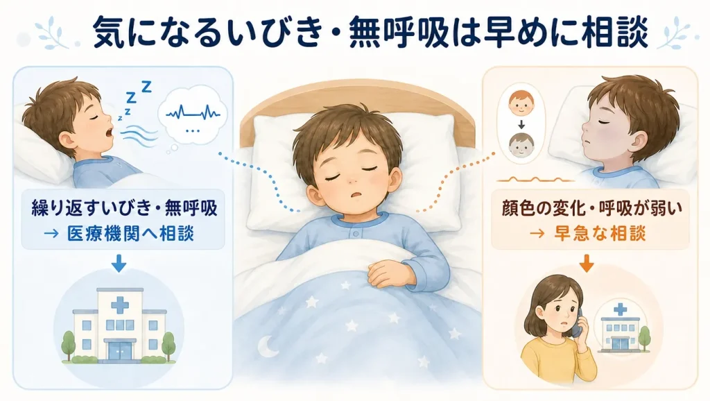 子供のいびきや無呼吸が気になるときに医療機関へ相談する目安を示したイメージ