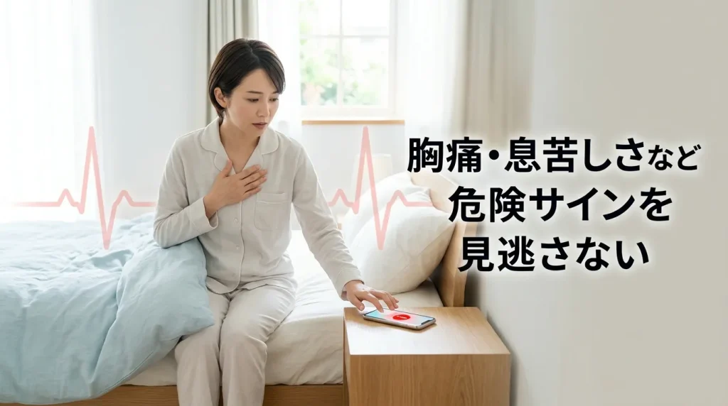 寝起きの動悸に胸痛や息苦しさを伴う危険なサインを確認する女性
