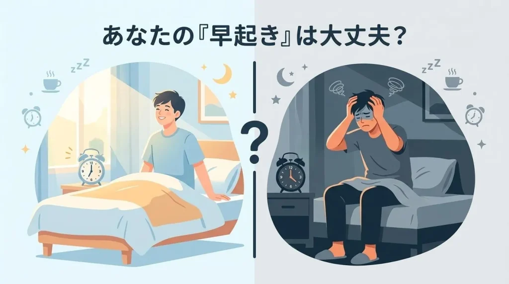 朝すっきり起きる男性と夜明け前に目覚めて悩む男性を比較したイラスト