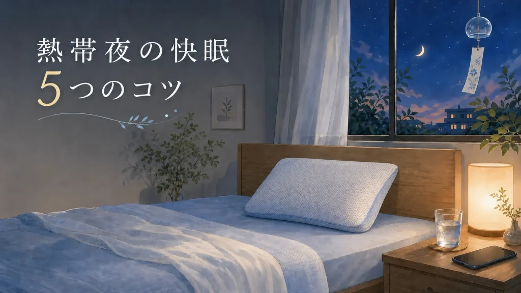 暑くて眠れない熱帯夜に快適に眠るための5つのコツを紹介する寝室のイメージ