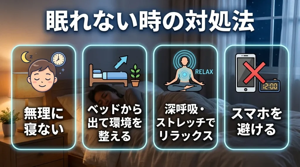 眠れない時に試しやすい対処法として、無理に寝ようとしないことや環境調整、深呼吸、スマホを避けることを示した画像