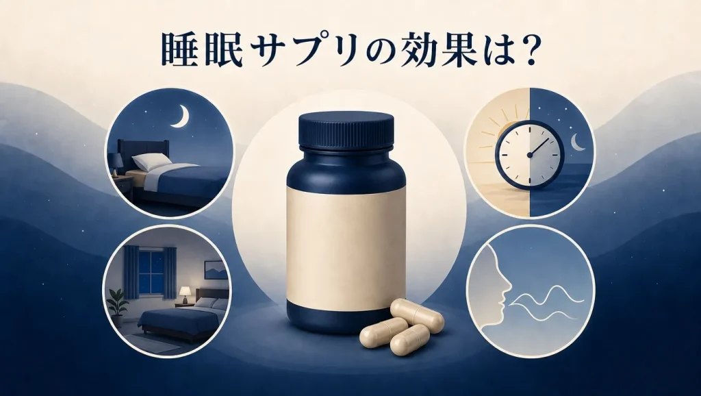 睡眠の質を上げるサプリメントの効果と睡眠への関わりを解説するイメージ