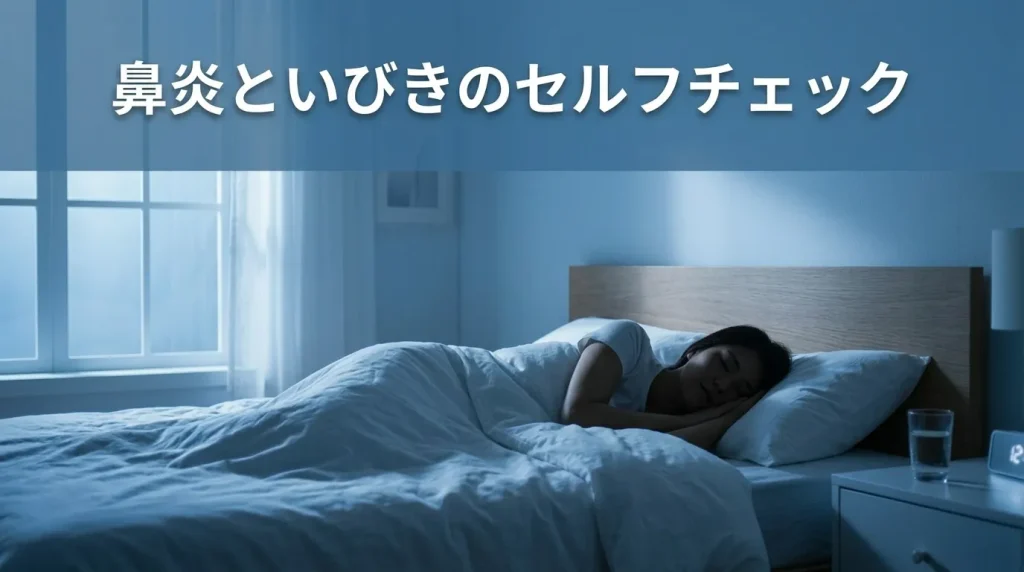 鼻炎が原因のいびきかセルフチェックするための、夜の寝室で眠る女性のイメージ