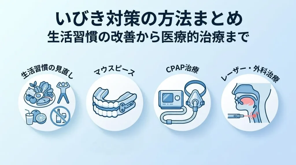 いびき対策の方法を生活習慣の改善から医療的治療まで紹介する見出し画像