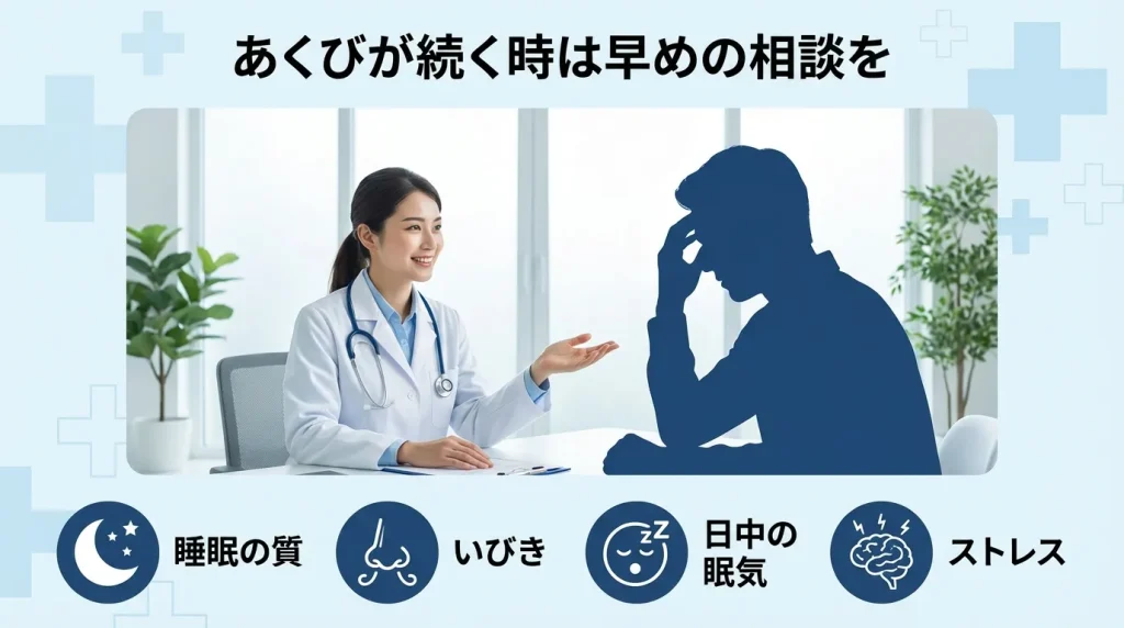 あくびが続く時は早めの相談を促し、睡眠の質・いびき・日中の眠気・ストレスなどの原因に注意するよう示したまとめ画像