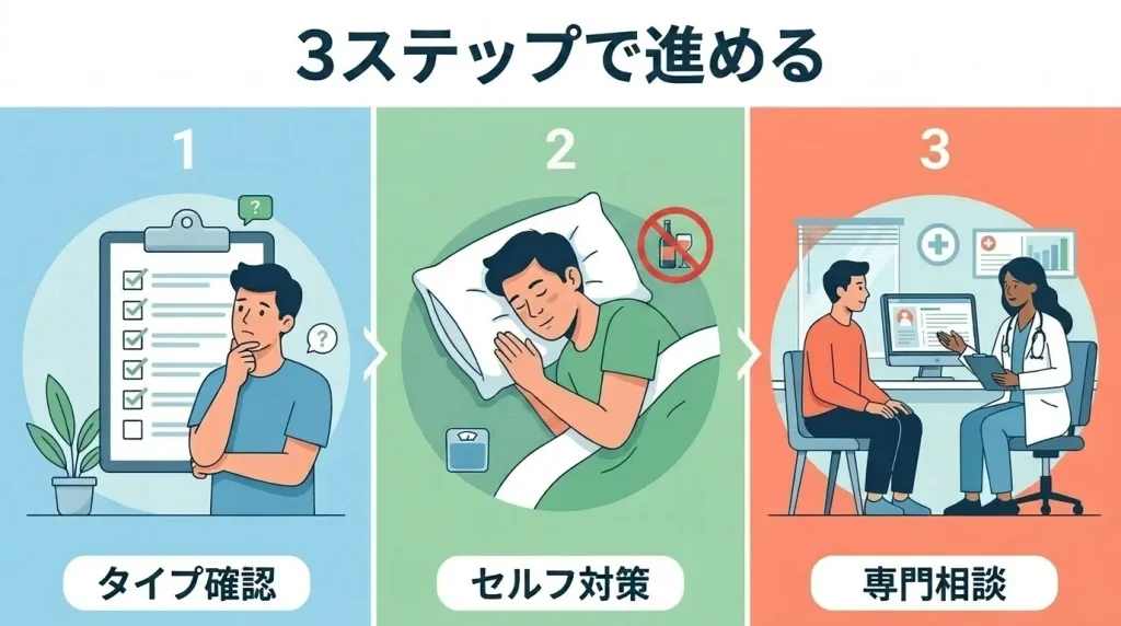 いびき対策をタイプ確認・セルフ対策・専門相談の3ステップで進める流れをまとめた画像
