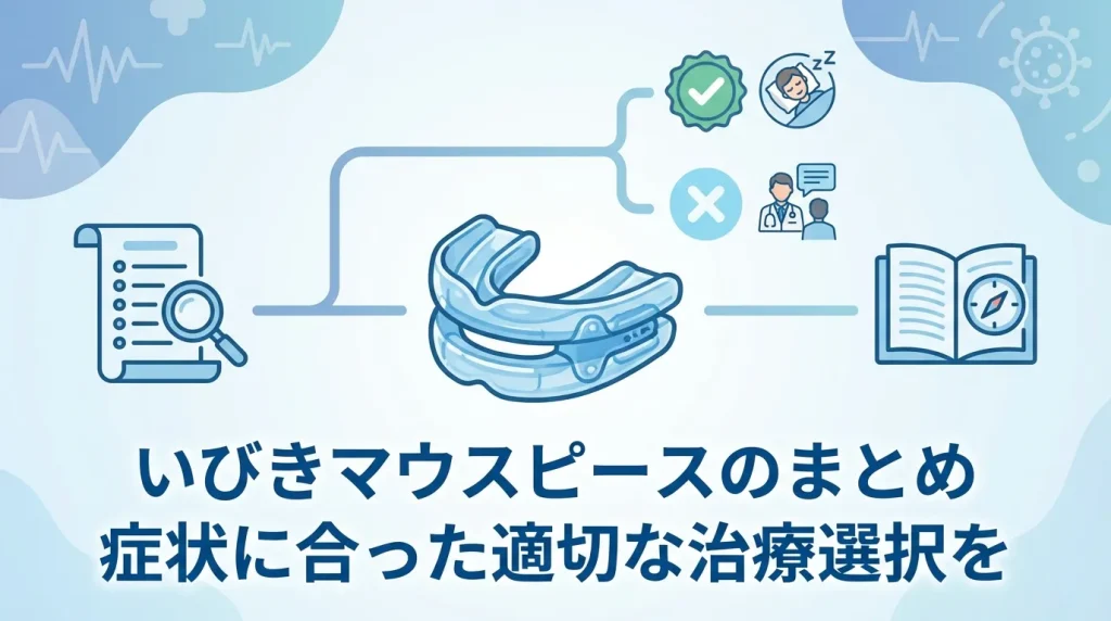 いびき治療マウスピースのまとめイメージ。症状や原因に合わせて適切な治療法を選ぶ重要性を示している