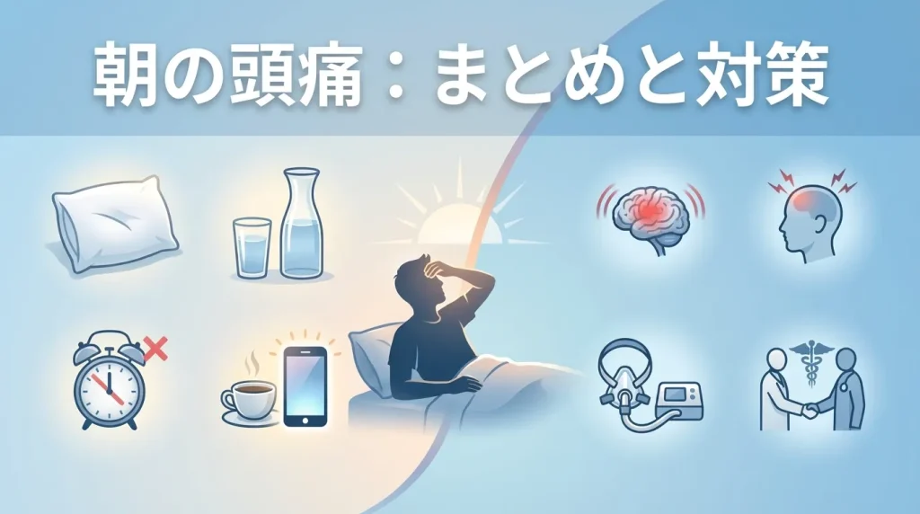 朝の頭痛の原因や対策、受診の判断について全体像をまとめたイメージ図