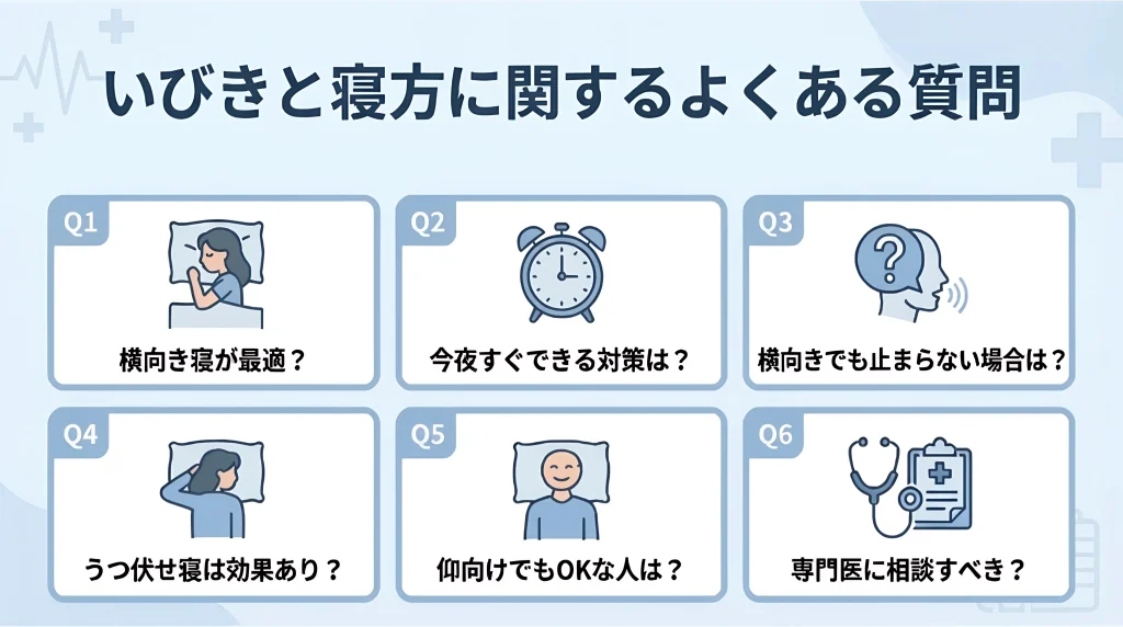 いびきと寝方に関するよくある質問を6項目でまとめたFAQ画像