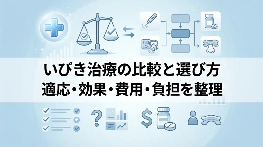 いびき治療法を適応や効果、費用、負担の観点から比較して整理したイメージ