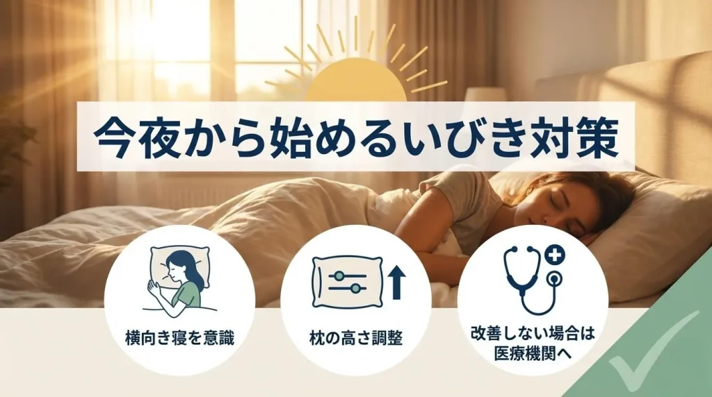 今夜から始めるいびき対策として、横向き寝と枕の高さ調整、改善しない場合の受診を示したまとめ画像