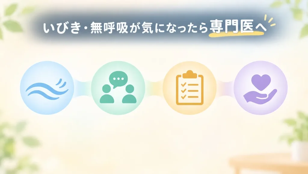 子供のいびきや無呼吸が気になる場合に専門医への相談を検討することを示したイメージ