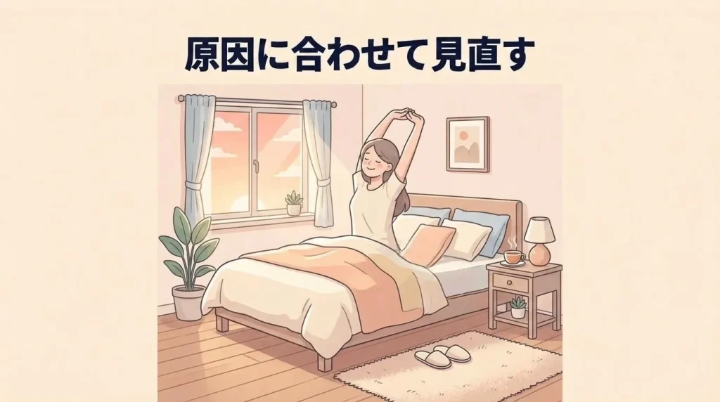 早朝覚醒の原因に合わせて生活習慣や睡眠環境を見直し、朝に起きる女性のイラスト
