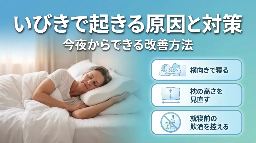 いびきで起きる原因と対策をまとめ、今夜からできる改善方法を紹介する画像