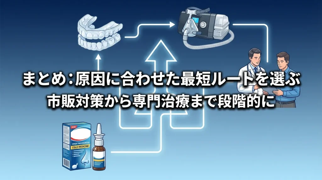 いびきの原因に合わせて薬や専門治療を選ぶ流れをまとめたイメージ画像