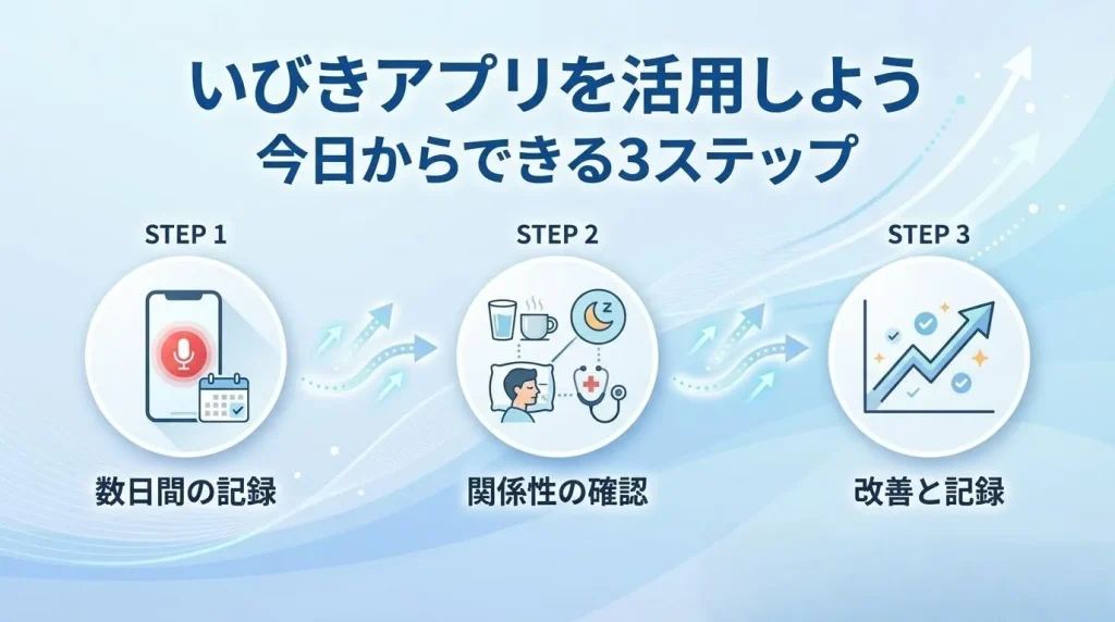 いびきアプリを活用するための3ステップを紹介するまとめの見出し画像