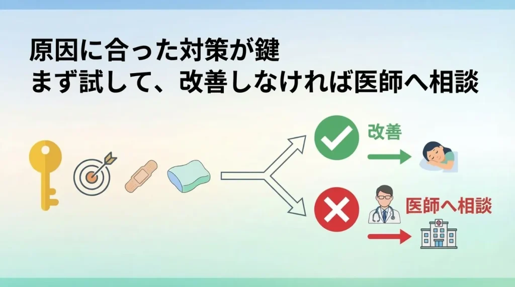 原因に合ったいびき対策を選び改善につなげる流れを示したイメージ画像