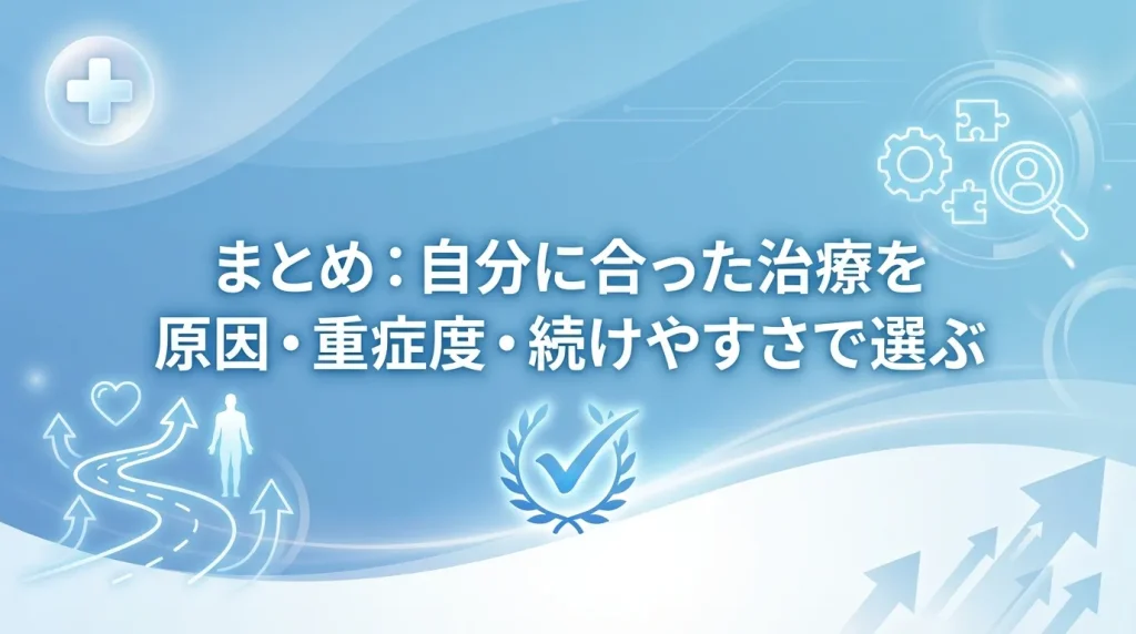 いびき治療を原因や重症度、続けやすさを基準に自分に合った方法で選ぶポイントを示したイメージ