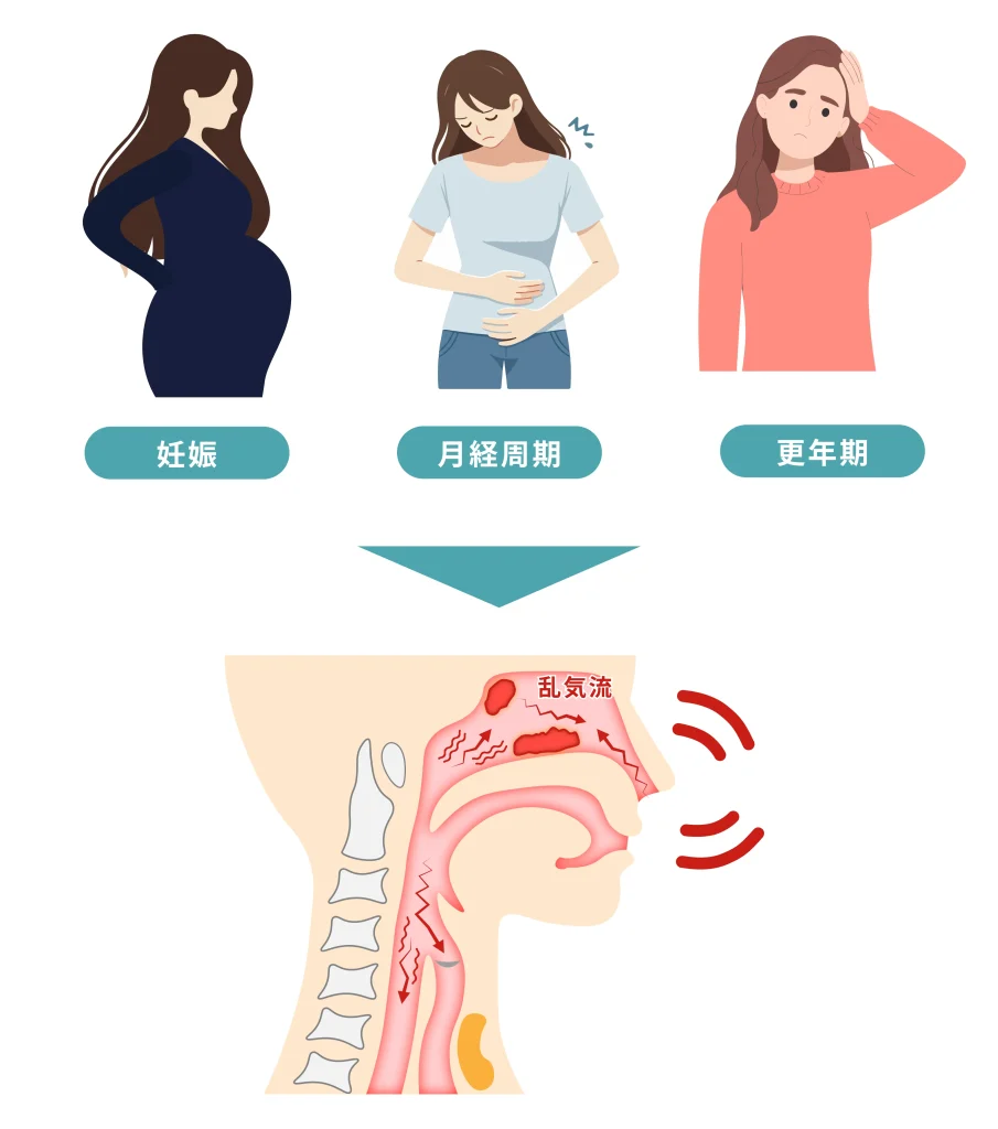 妊娠、月経周期、更年期のホルモン変化が鼻づまりや鼻いびきに影響する仕組みを示した女性向けの図解イラスト。