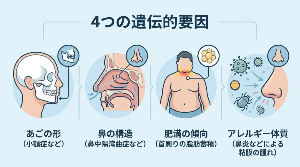 あごの形・鼻の構造・肥満傾向・アレルギー体質など、いびきに関係する遺伝要因の図解