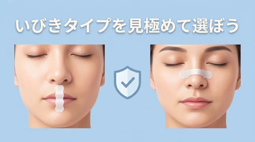 口用と鼻用のいびき防止テープを比較し、それぞれの種類と仕組みを示すイメージ