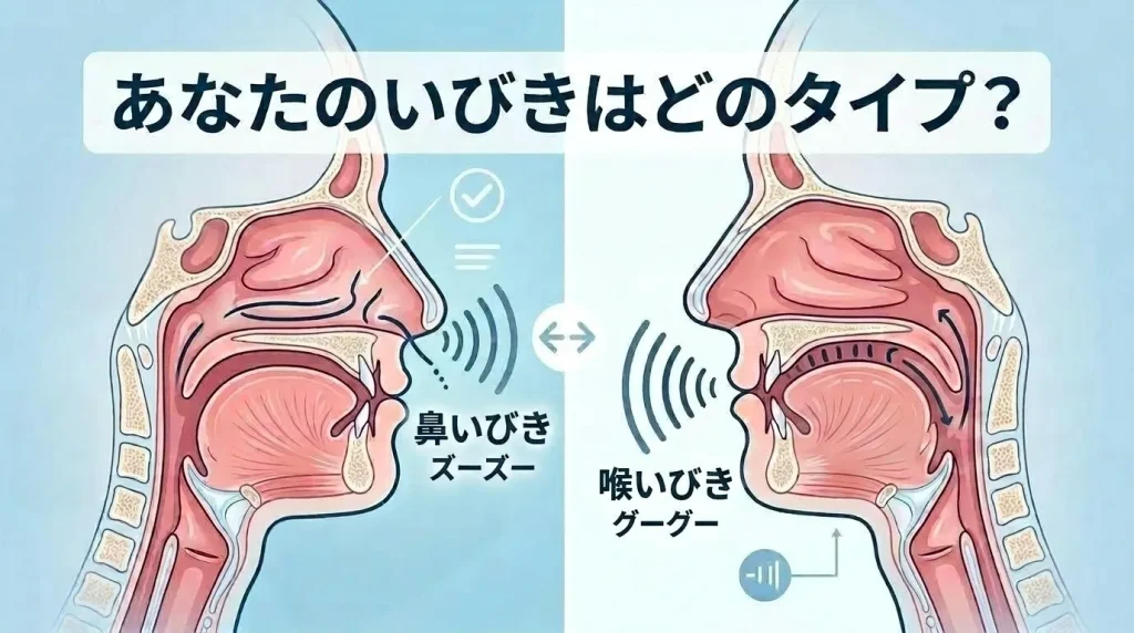 鼻いびきと喉いびきの違いを鼻や喉の断面図で比較したセルフチェック用イラスト