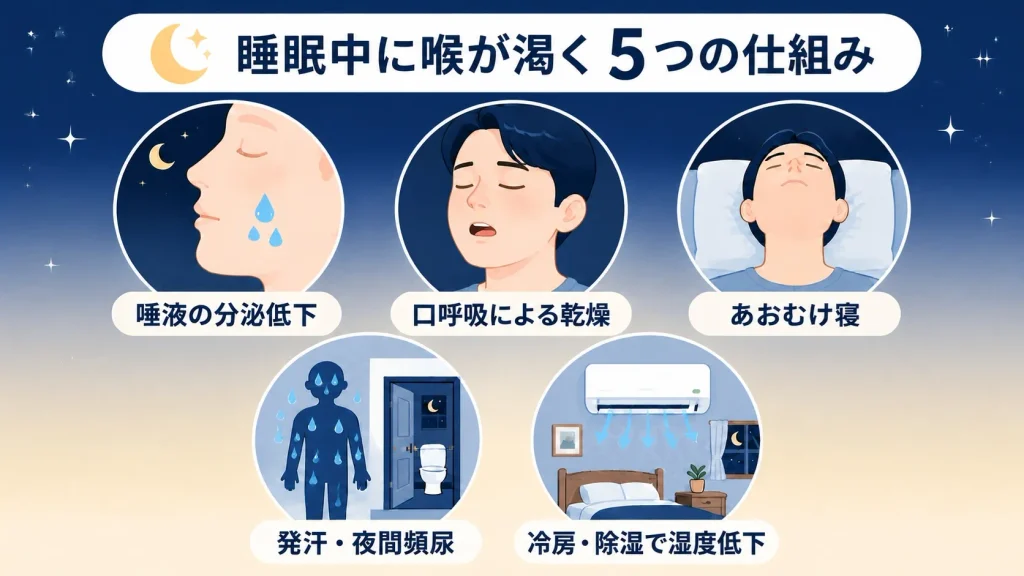 夜・睡眠中に喉が渇きやすい5つの仕組みを、唾液の分泌低下・口呼吸・あおむけ寝・発汗・湿度低下で解説