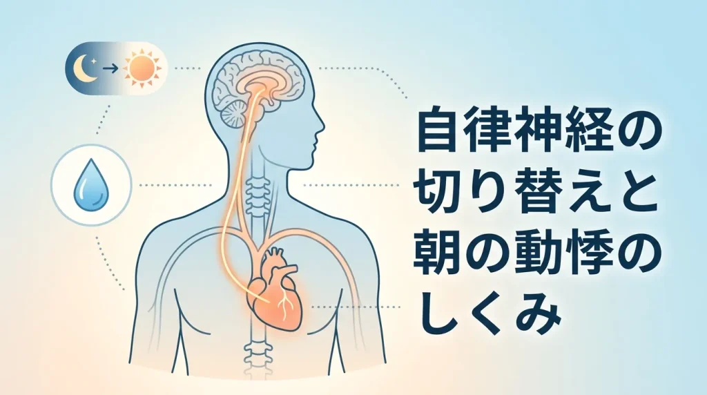 自律神経の切り替えによって寝起きに動悸が起こるしくみを示した図