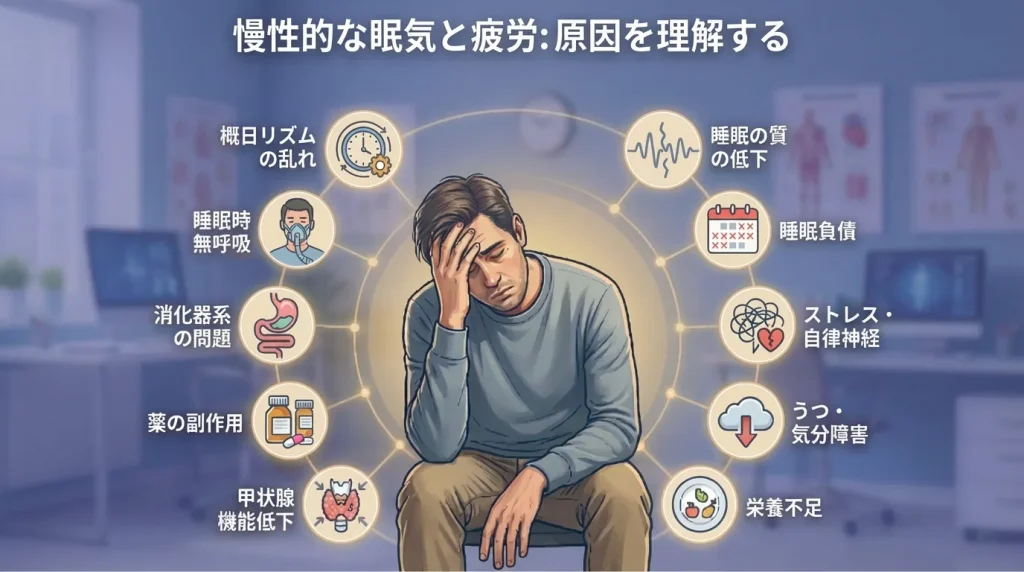 慢性的な眠気と疲労の原因として、睡眠不足や睡眠時無呼吸、ストレスなどを示したイラスト