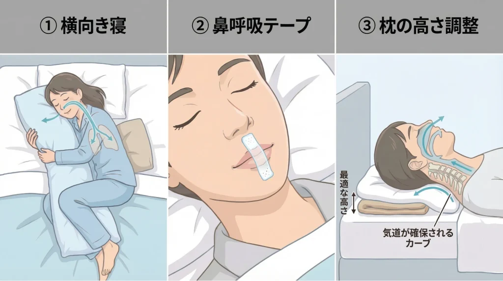 今夜から試せる即効性のあるいびき対策として横向き寝や枕調整などを示した図解画像