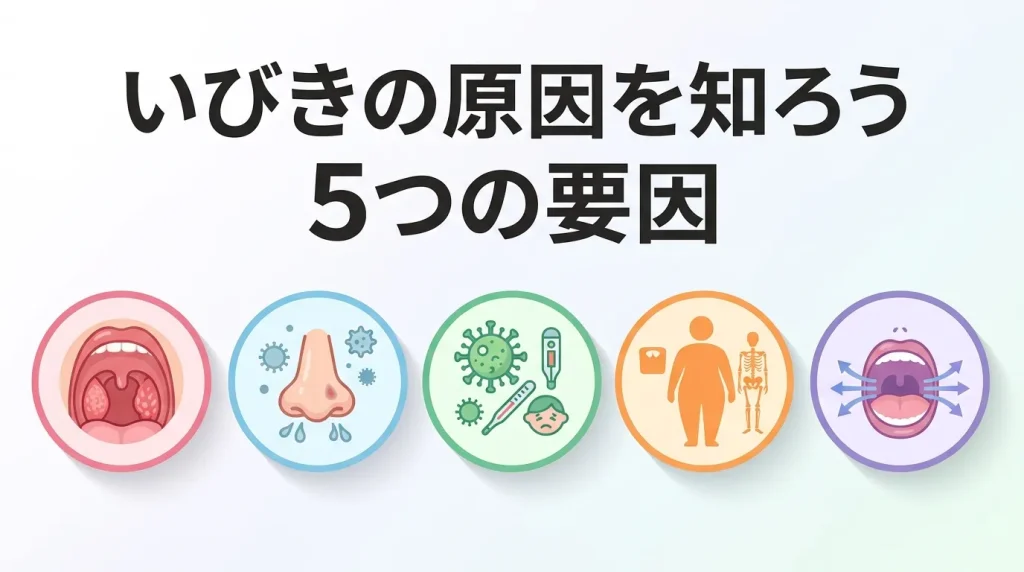 口や鼻、感染症、肥満、口呼吸などのアイコンで、子供のいびきの主な原因5つを解説する画像