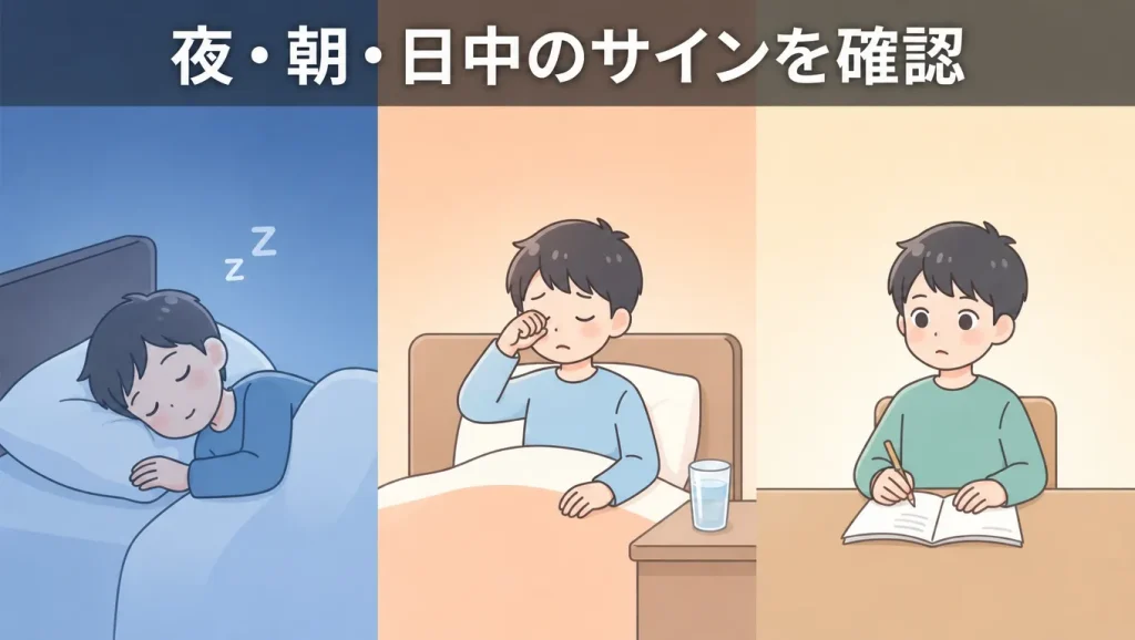 子供の睡眠時無呼吸症候群でみられる夜間・朝・日中の症状を確認するイメージ